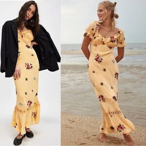 Free People Dainty Embroidered Floral Bohemian Bali Santa Cruz Maxi Dress Medium